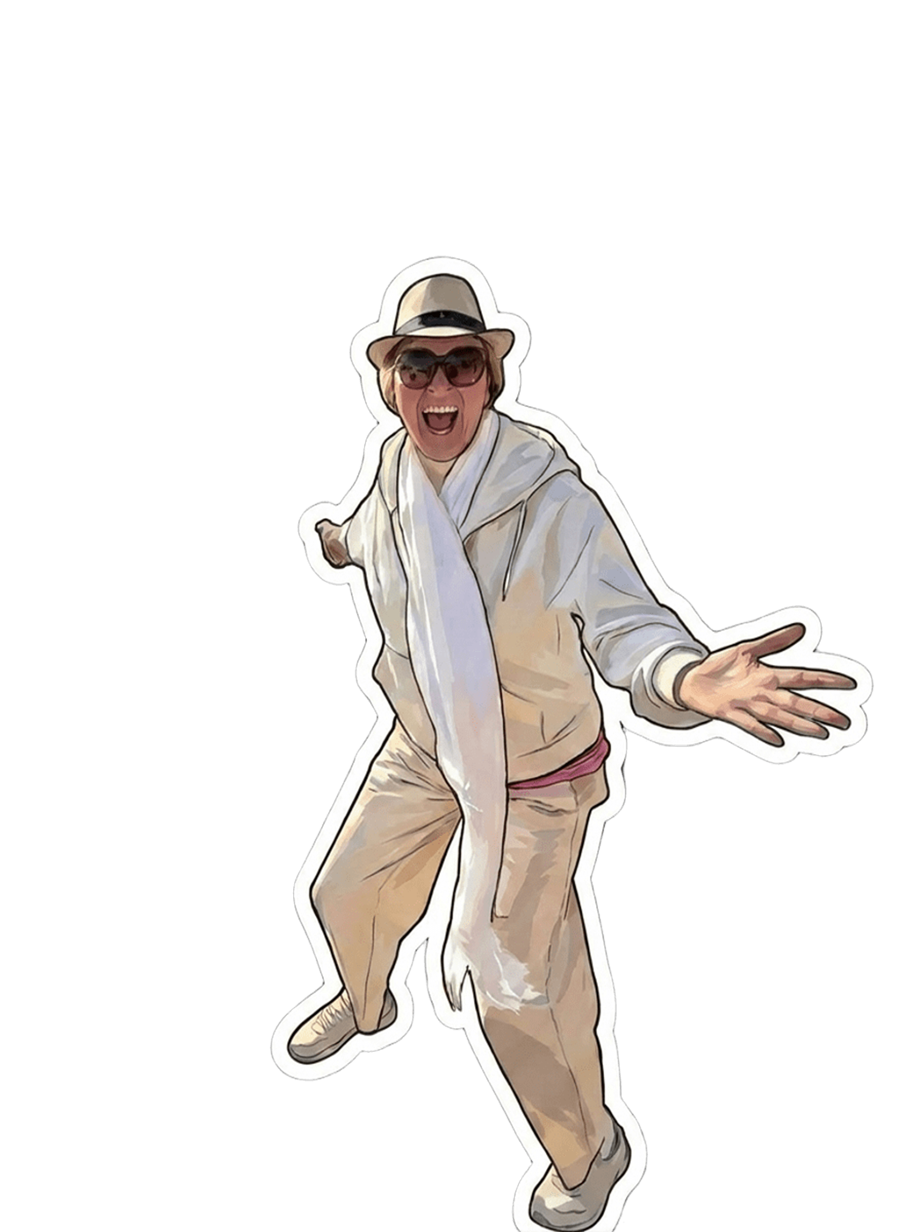 Maria Baumgartner — freigestellt, Hut und Sonnenbrille, Arme ausgebreitet, freundlich-lebendige Illustration.